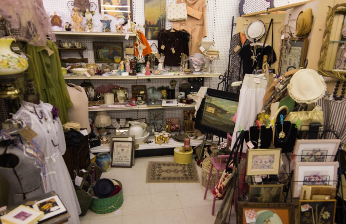 Antiques, vintage clothing, furniture, and decor inside The Treasure Chest